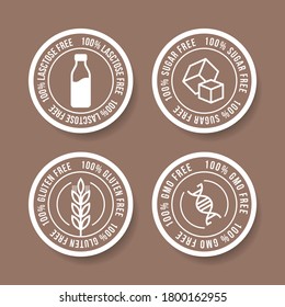 Lactose free, Sugar free, Gluten free, GMO free vector stamp for food emblems designs, can be used as stamps, seals, badges, for packaging etc. Decorative element for healthy natural organic nutrition