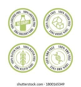 Lactose free, Sugar free, Gluten free, GMO free vector stamp for food emblems designs, can be used as stamps, seals, badges, for packaging etc. Decorative element for healthy natural organic nutrition