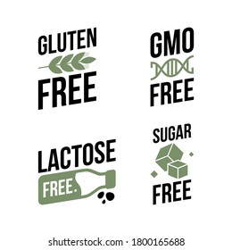 Lactose free, Sugar free, Gluten free, GMO free vector labels for food emblems designs, can be used as stamps, seals, badges, for packaging. Decorative element for healthy natural organic nutrition