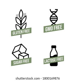 Lactose free, Sugar free, Gluten free, GMO free vector labels for food emblems designs, can be used as stamps, seals, badges, for packaging. Decorative element for healthy natural organic nutrition