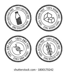 Lactose free, Sugar free, Gluten free, GMO free vector stamp for food emblems designs, can be used as stamps, seals, badges, for packaging etc. Decorative element for healthy natural organic nutrition