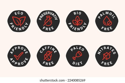 Lactose free, Sugar free, Gluten free, GMO and Allergen free icons set vector illustration for labels, seals, badges, food packaging and promotional designs.