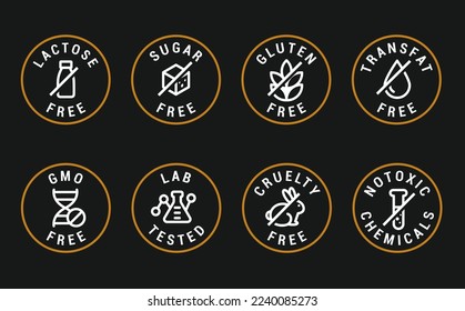 Lactose free, Sugar free, Gluten free, GMO and Allergen free icons set vector illustration for labels, seals, badges, food packaging and promotional designs.