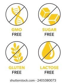 Lactose free, Sugar free, Gluten free, GMO free fresh icons - set of food packaging decoration element for healthy natural organic nutrition