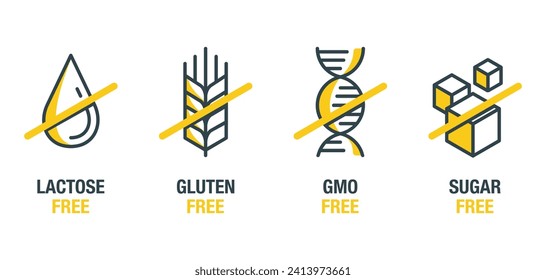 Lactose free, Sugar free, Gluten free, GMO free fresh icons in bold line - set of food packaging decoration element for healthy natural organic nutrition