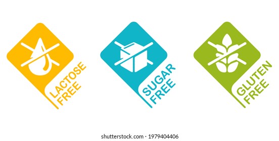 Lactose free, Sugar free, Gluten free - set of badges for food packaging. Decoration element for healthy natural organic nutrition