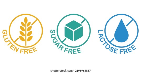 Lactose free, Sugar free, Gluten free - set of pictograms for food packaging. Decoration element for healthy natural organic nutrition