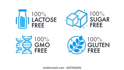 Lactose free, Sugar free, GMO free, Gluten free vector label set for food emblem, stamps, seals, badges, packaging. Healthy natural organic product. 10 eps