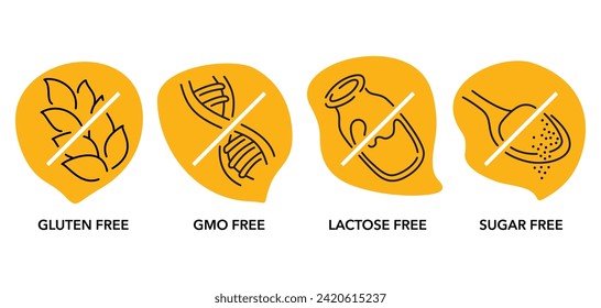 Lactose free yellow icons in different organic shapes. Sugar free, Gluten free, GMO free - set of food packaging decoration element for healthy nutrition