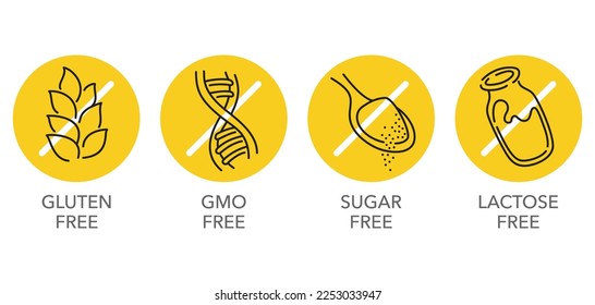 Lactose free yellow icons in thin line. Sugar free, Gluten free, GMO free - set of food packaging decoration element for healthy nutrition svg