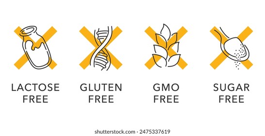 Iconos amarillos libres de lactosa en línea delgada con signo de cruz amarillo. Sin azúcar, sin gluten, sin OMG - conjunto de elementos de decoración de envases de alimentos para una nutrición saludable