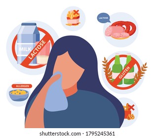 Lactose and gluten allergen concept with health problem symbols flat vector illustration