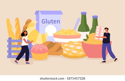Lactose and gluten free abstract concept with healthcare symbols. Flat cartoon vector illustration