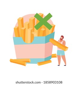 Intolerancia a la gluten de lactosa Composición dietética con envase de patatas fritas y signo cruzado con ilustración vectorial de carácter masculino