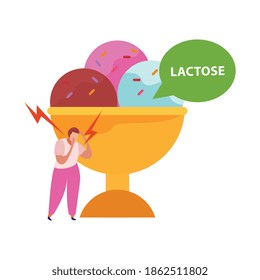 Lactose gluten intolerance diet composition with crying man and icecream with thought bubble vector illustration
