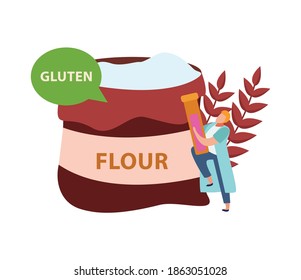 Lactose gluten intolerance diet composition with pack of flour with thought bubble and text vector illustration