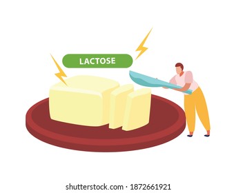 Lactose gluten intolerance diet composition with doodle character with knife and butter slices vector illustration