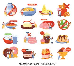 Lactose and gluten intolerance icons set with food symbols flat isolated vector illustration