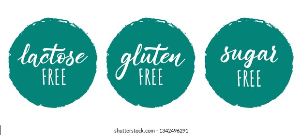 Lactose, Gluten, Sugar free - hand lettering inscription with font. Set design. Label badge for groceries, stores, packaging and advertising. Vector illustration. White background.