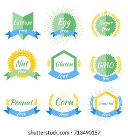 Lactose ,GMO, Gluten, Trans fat, Corn, Peanut,  Nut,  Sugar,  Egg  free. Food dietary labels. Vector illustration.