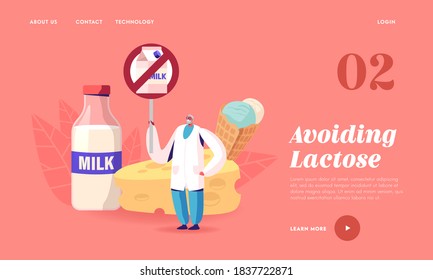 Plantilla de la página de inicio de la intolerancia a la lactosa, alergia a los productos lácteos. Cartel de restricción de caracter masculino para doctores senior con paquete de leche cruzada. Medicamento con cartón. Ilustración del vector de dibujos animados