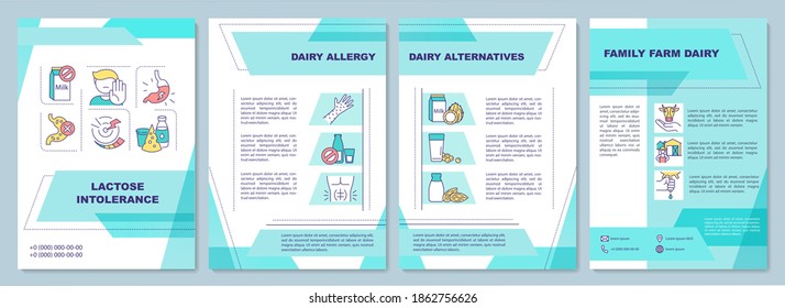Lactose intolerance brochure template. Dairy alternatives. Flyer, booklet, leaflet print, cover design with linear icons. Vector layouts for magazines, annual reports, advertising posters