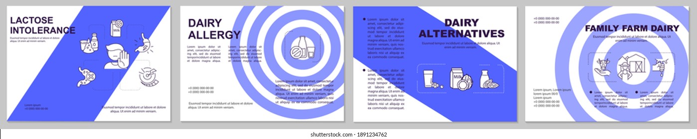 Lactose intolerance brochure template. Dairy allergy. Flyer, booklet, leaflet print, cover design with linear icons. Vector layouts for magazines, annual reports, advertising posters