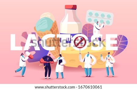 Lactose Intolerance Concept. Man Feel Bad in Stomach Visit Hospital for Treatment. Dairy Products Intolerant Character and Doctors. Health Care Poster Banner Flyer. Cartoon People Vector Illustration