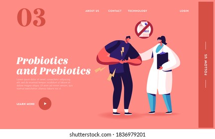 Lactose Intolerance Landing Page Template. Unhealthy Male Character Holding Stomach Having Ache. Health Problem with Dairy Products, Allergy of Drinking Milk. Cartoon People Vector Illustration