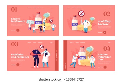 Laktose-Intoleranz Landing Page Template Set. Der Mensch fühlt sich schlecht in der Magie Besuchen Sie das Krankenhaus für die Behandlung. Milchprodukte Unverträglichkeit Charakter Besuch Arzt in der Klinik. Vektorgrafik von Cartoon People