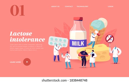Lactose Intolerance Landing Page Template. Man Feel Bad in Stomach Visit Hospital for Treatment. Dairy Products Intolerant Character Visiting Doctor in Clinic. Cartoon People Vector Illustration
