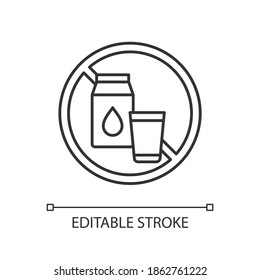 Lactose intolerance linear icon. Digestive disorder. Dairy products. Enzyme lactase. Milk, yogurt. Thin line customizable illustration. Contour symbol. Vector isolated outline drawing. Editable stroke