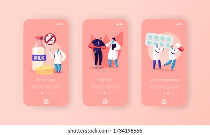 Plantilla de pantalla de la página de aplicaciones móviles de intolerancia a la lactosa. Carácter y doctores. El hombre se siente mal en el hospital Stomach Visit. Productos lácteos Concepto de salud intolerante. Ilustración de vectores de personas de caricatura