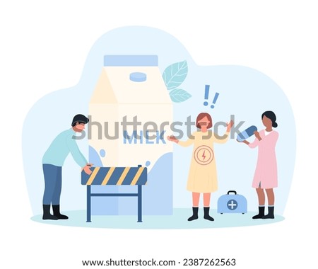 Lactose intolerance vector illustration. Cartoon tiny people holding barrier to put in front of milk bottle, doctors protect patient from inflammation and allergy symptoms of gastrointestinal tract