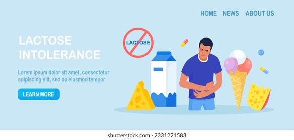 Laktoseintoleranz. Der junge kranke Mann leidet unter Magenschmerzen, Durchfall, Bauchschmerzen, Blut, Übelkeit. Allergie bei Dairy Food. Unwohlsein Allergische Reaktion mit Milchprodukten, Käse, Eis