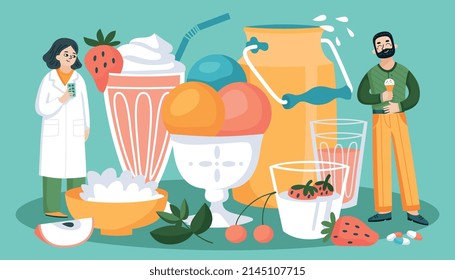 Lactose-unverträgliche Zusammensetzung mit Symbolen von Milchspeisen und menschlichen Charakteren von Leidenden mit Arzt-Vektorgrafik