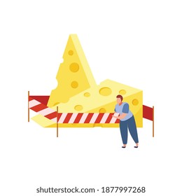 Lactose intolerant man and two pieces of cheese flat vector illustration