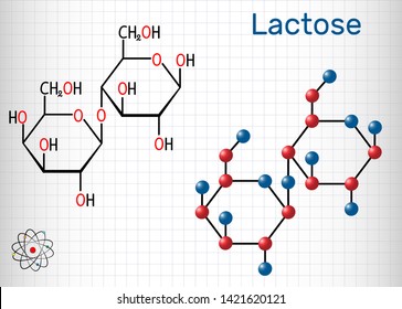 Lactose, milk sugar molecule, it is a disaccharide. Structural chemical formula and molecule model. Sheet of paper in a cage. Vector illustration

 svg