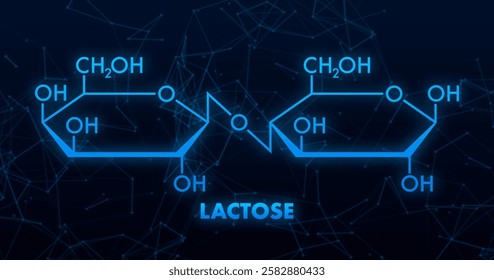 Lactose Molecule Structure with Chemical Formula on Dark Blue Background