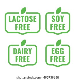 Lactose, soy, dairy, egg free. Set of badges, logos, icons. Flat vector illustration on white background. Can be used business company for eco, organic, bio theme.