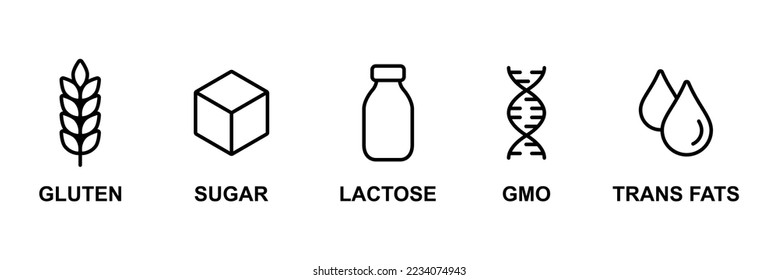 Lactose, Sugar, Gluten, GMO, Trans fats vector icon set. Food packaging decoration element for healthy natural organic nutrition. Organic allergy ingredient line symbol
