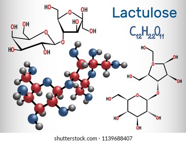 Lactulose molecule. It is used in the treatment of constipation. Structural chemical formula and molecule model. Vector illustration