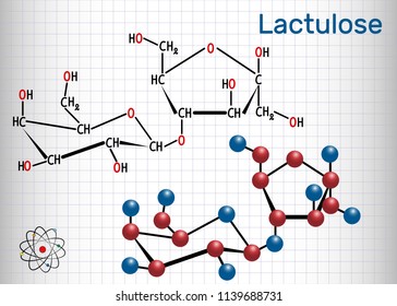 Lactulose molecule. It is used in the treatment of constipation. Structural chemical formula and molecule model. Sheet of paper in a cage. Vector illustration