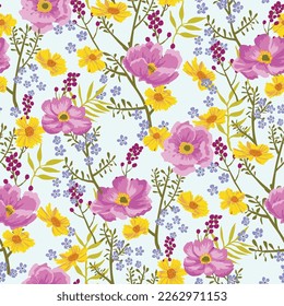 Lacy anemones dance among the delicate coreopsis and berries, for a fun spring garden pattern. These would beautifully decorate any interior fabric!