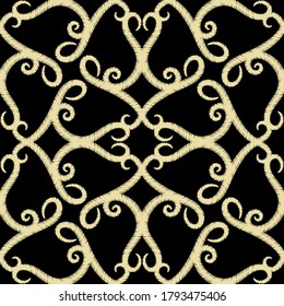 Lacy arabesque seamless pattern. Tapestry ornamental vector background. Repeat arabic style backdrop. Decorative lace floral ornament with embroidery flowers, curves, lines, swirls. Grunge texture.