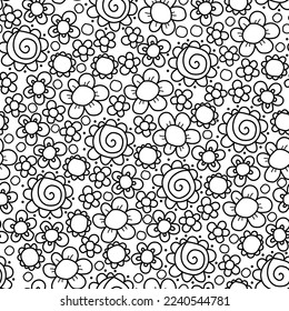 Lacy black isolated floral pattern. Flowers with rounded petals, spiral cores. Seamless vector image