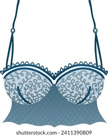 El sostén azul lacado con tazas y correas estampadas. Elegante ropa interior. Ilustración vectorial de lencería de moda femenina.