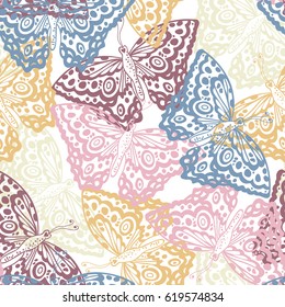 Lacy butterfly vector illustration. Lacy seamless pattern with colorful butterflies. All over print.