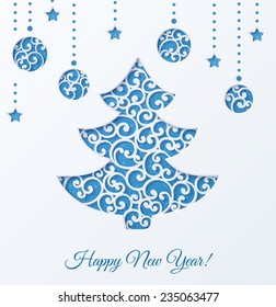 Lacy Christmas tree with Christmas balls and stars. Design elements for holiday cards.  Beautiful applique. Abstract design. Vector illustration.