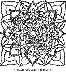 Lacy, delicate pattern of crocheted squares, quilting, patchwork, knitting, embroidery.